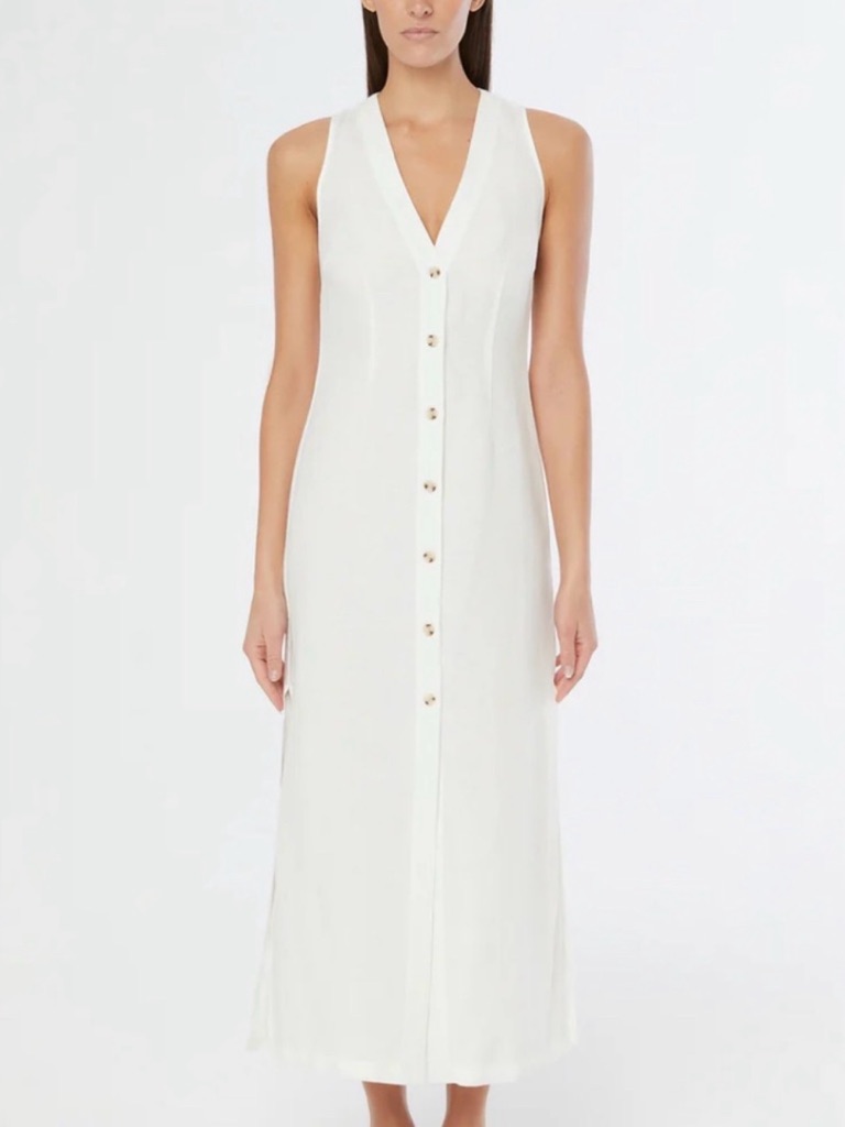 Onia White Linen V-Neck Button-Front Maxi Dress